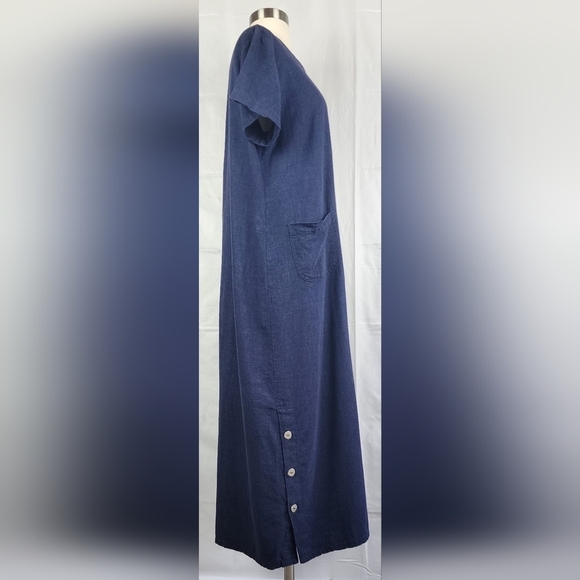 Vintage 90’s Navy Blue Lagenlook Linen Blend Pinafore T Shirt Midi Dress M - Picture 7 of 10